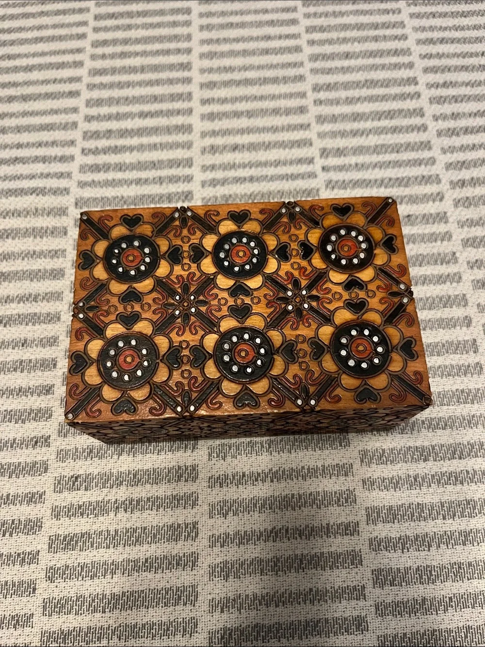 Hand-Painted Floral Wooden Trinket Box in Warm Brown & Black